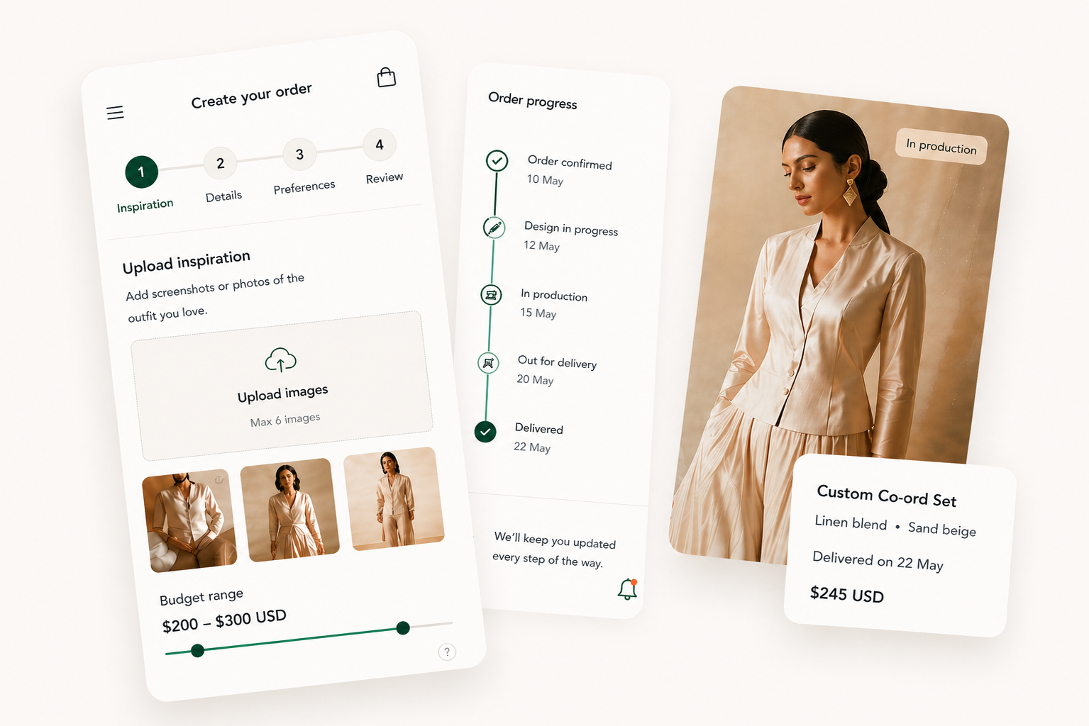 SEWNA order preview showing creation steps, delivery progress, and a custom outfit summary